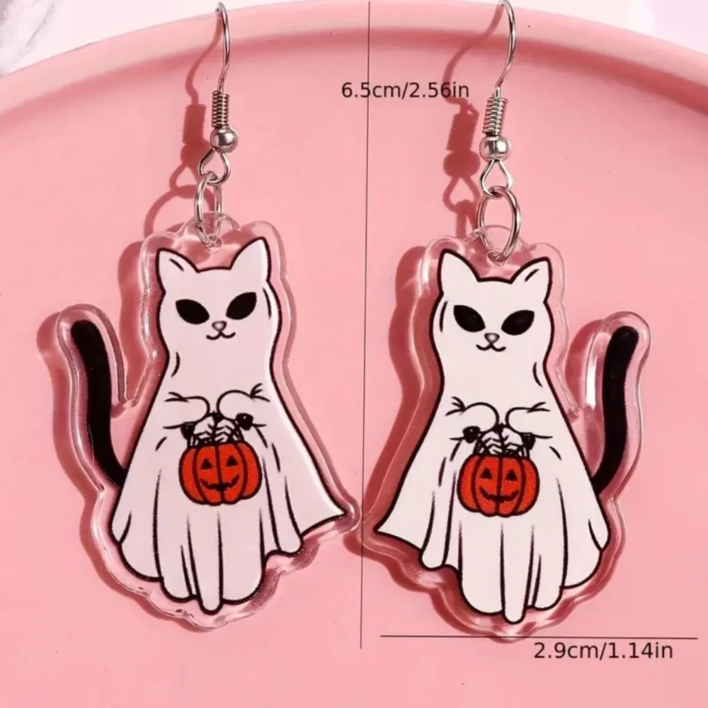NWT Ghost Cat Halloween Holiday 2D Acrylic Pierced Dangle Earring…